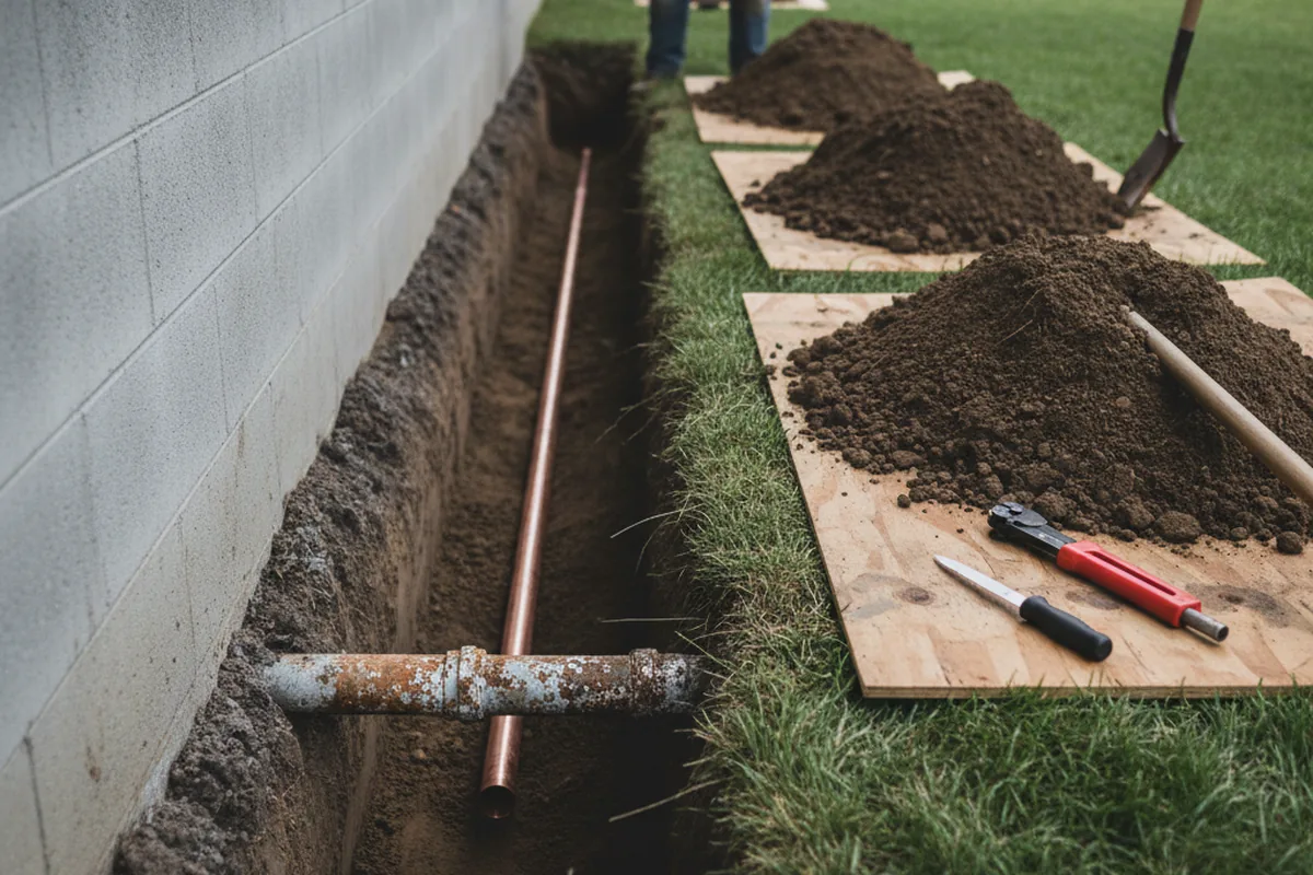 Excavated water line trench during Water Softener Installation in Webb City